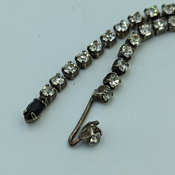 Black & Clear Rhinestones Necklace Silver Tone Vintage Statement Hook Clasp 16" - Picture 7 of 11
